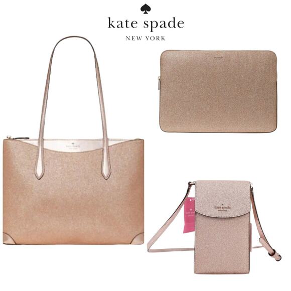 KATE SPADE GLITTER TOTE, UNIVERSAL LAPTOP SLEEVE, & PHONE CROSSBODY IN ROSE GOLD - Picture 1 of 10